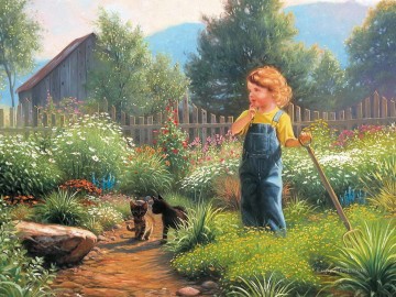 Pets and Children Painting - kid and cats at country house pet kids
